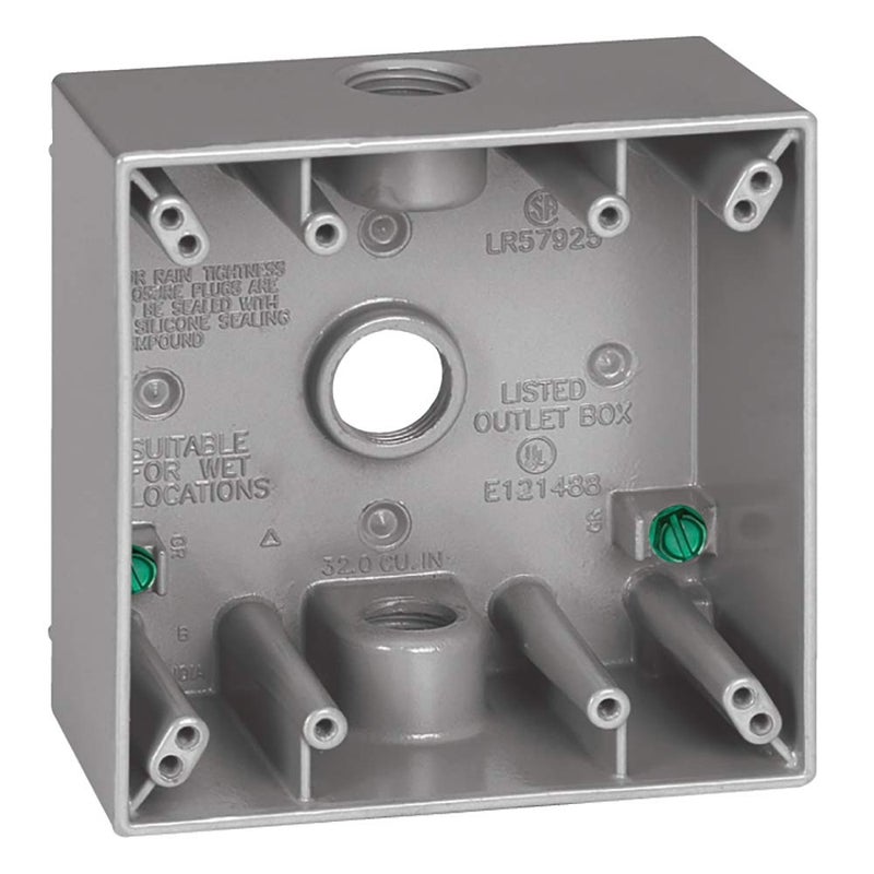 Sigma Electric 14350 Sigma Outlet Box 4-1/2" Hx4-1/2 Wx2-1/10 D Al 2 Gang, Three 1/2" Holes Gray Shrinkwrap, No Size, Grey - Image 1